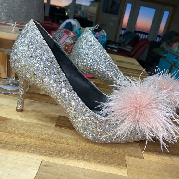 kate spade Shoes - Gently used Kate Spade Marabou Pumps silver and gold glitter with pink feathers